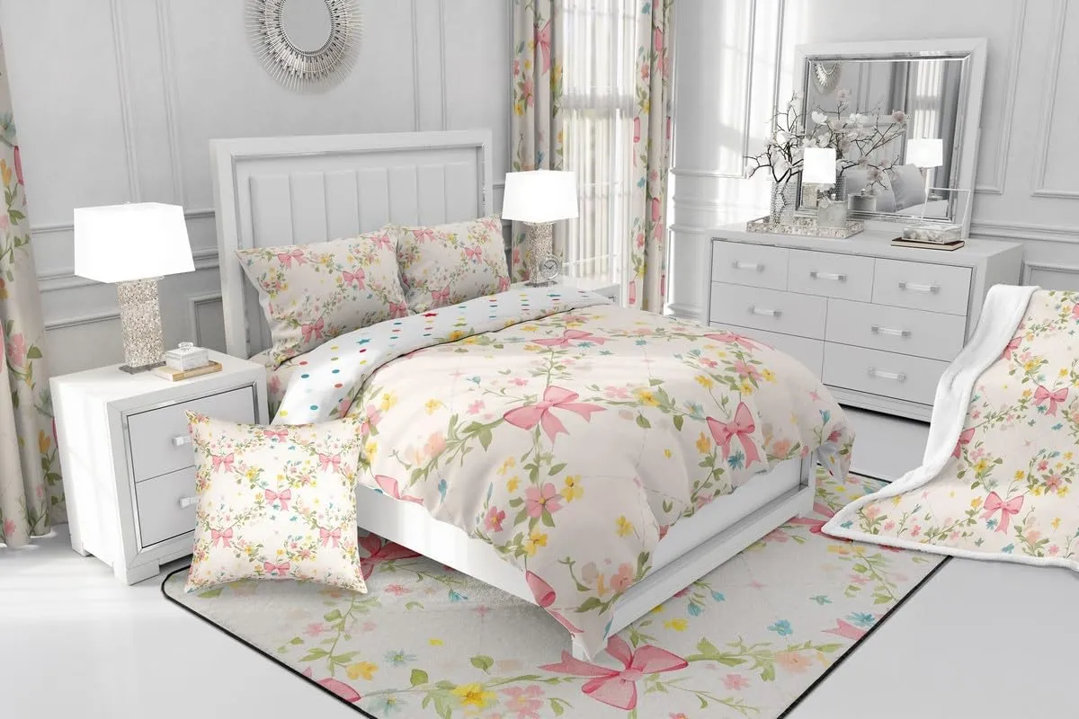 Feelyou Floral Bowknot Comforter Set with Sheets,Pink Bow Tie Print 7 Piece Bedding Set Queen Size,Girls Bedroom Room Decor,Cute Bow Flower Bed in a Bag,Dreamy Princess Style Bed Set