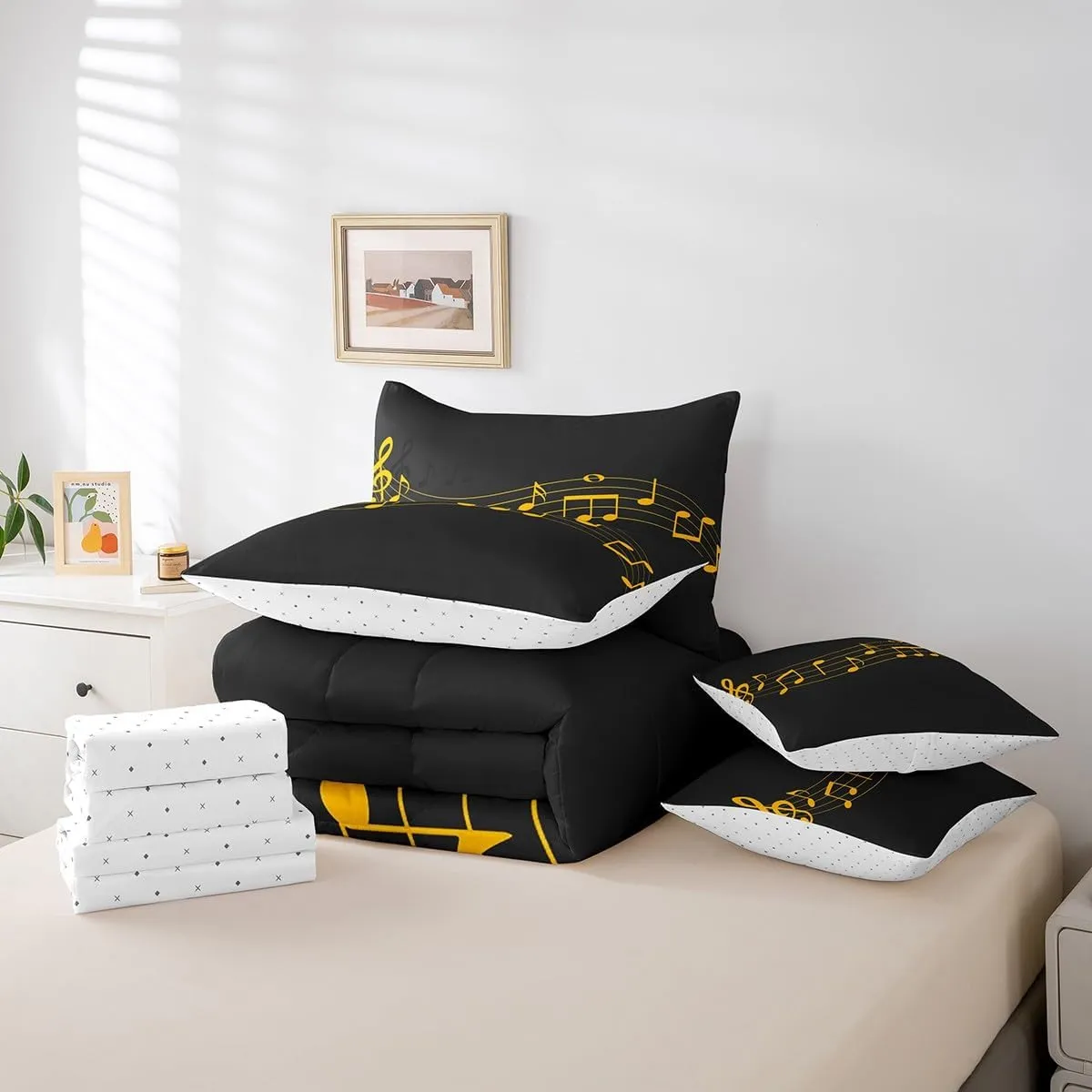 Feelyou Full Comforter Set 7 Pcs Musical Note Bed in a Bag Golden Staff Comforter for Kids Adult Classic Music Themed Bedding Set Piano Notation Bed Set with Sheets, Pillowcases, Pillow Covers