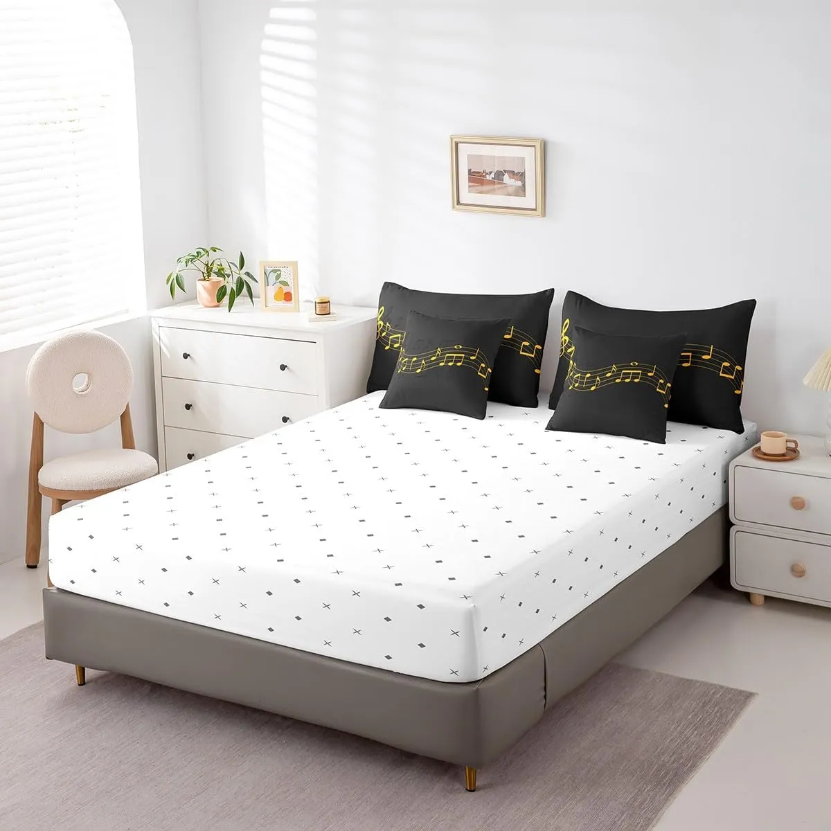 Feelyou Full Comforter Set 7 Pcs Musical Note Bed in a Bag Golden Staff Comforter for Kids Adult Classic Music Themed Bedding Set Piano Notation Bed Set with Sheets, Pillowcases, Pillow Covers