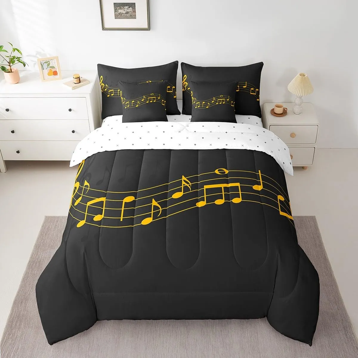 Feelyou Full Comforter Set 7 Pcs Musical Note Bed in a Bag Golden Staff Comforter for Kids Adult Classic Music Themed Bedding Set Piano Notation Bed Set with Sheets, Pillowcases, Pillow Covers