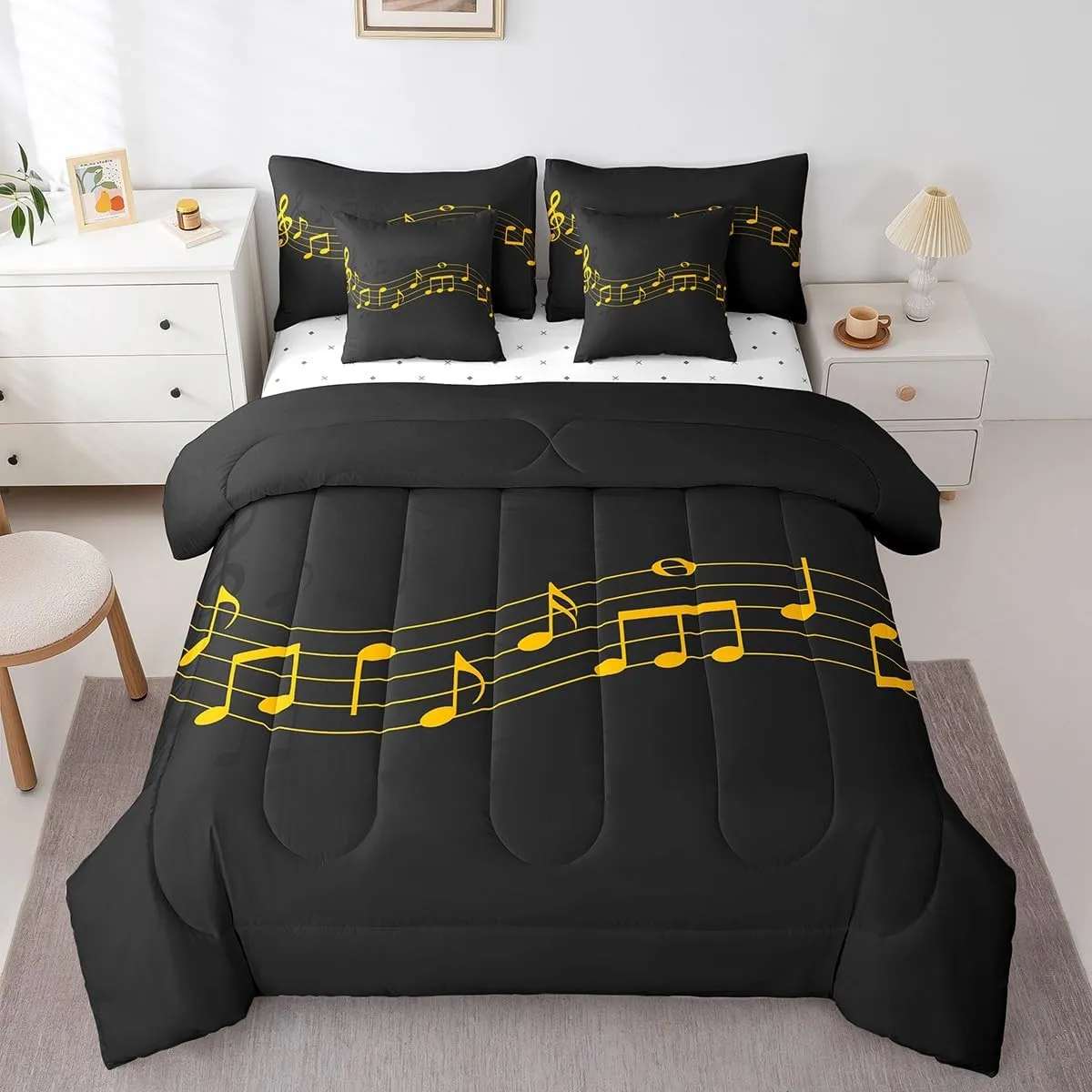 Feelyou Full Comforter Set 7 Pcs Musical Note Bed in a Bag Golden Staff Comforter for Kids Adult Classic Music Themed Bedding Set Piano Notation Bed Set with Sheets, Pillowcases, Pillow Covers