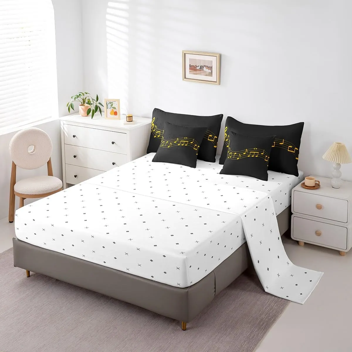 Feelyou Full Comforter Set 7 Pcs Musical Note Bed in a Bag Golden Staff Comforter for Kids Adult Classic Music Themed Bedding Set Piano Notation Bed Set with Sheets, Pillowcases, Pillow Covers