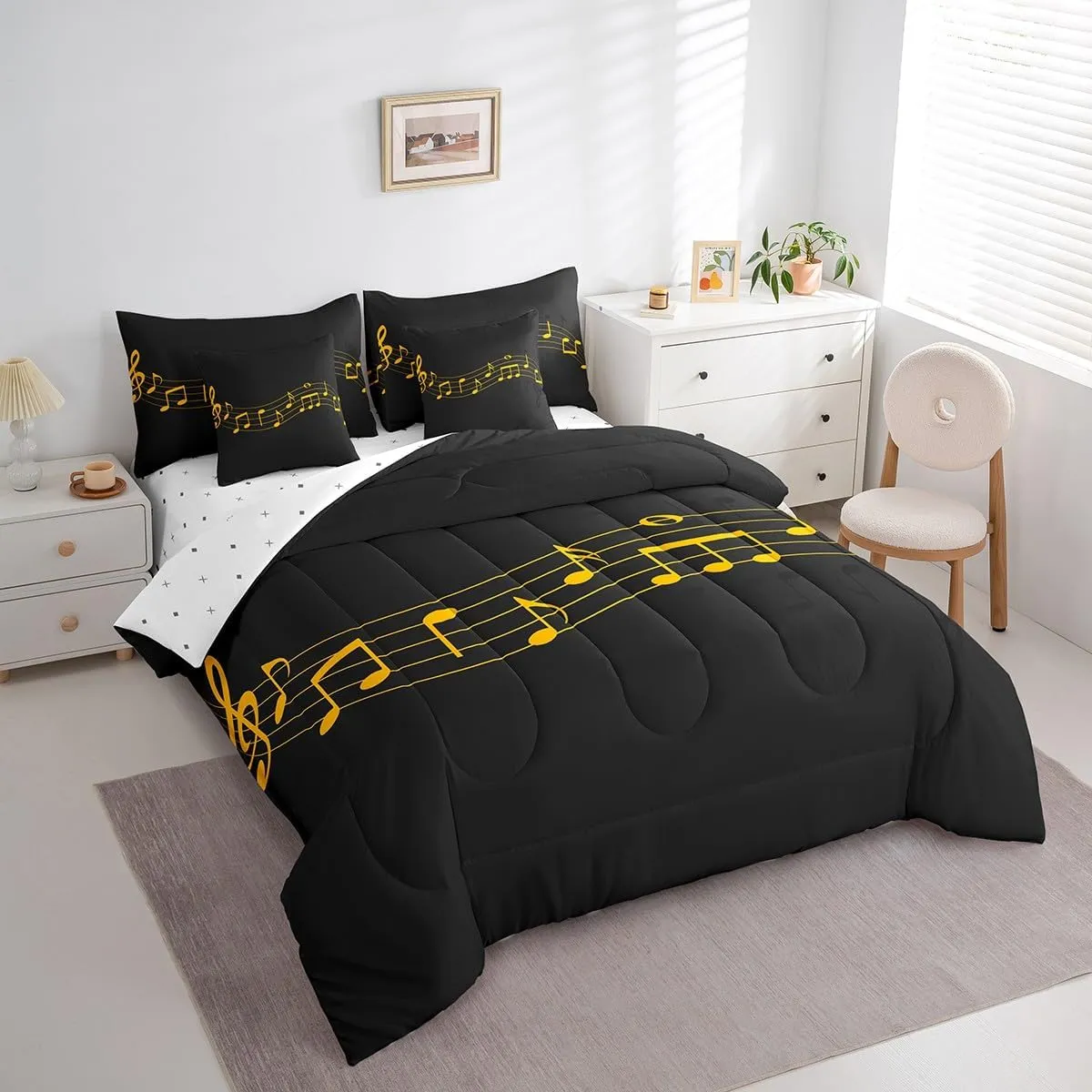 Feelyou Full Comforter Set 7 Pcs Musical Note Bed in a Bag Golden Staff Comforter for Kids Adult Classic Music Themed Bedding Set Piano Notation Bed Set with Sheets, Pillowcases, Pillow Covers