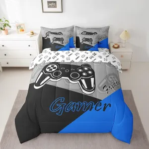 Feelyou Gaming Bed in a Bag for Boys Teen Video Game 7 Piece Bedding Set Full Size for Kids Gamer Comforter Set with Sheets for All Season Gamepad Home Decor Bed Set Blue Black Grey