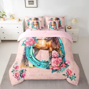 Feelyou Girls Horse Comforter Set 7 Piece for Women Full Size Farmhouse Horses Rose Bedding Full Comforter Set Horse Loverative Pink Floral Bedding Set Bed in a Bag Western Horseshoe Bed Set