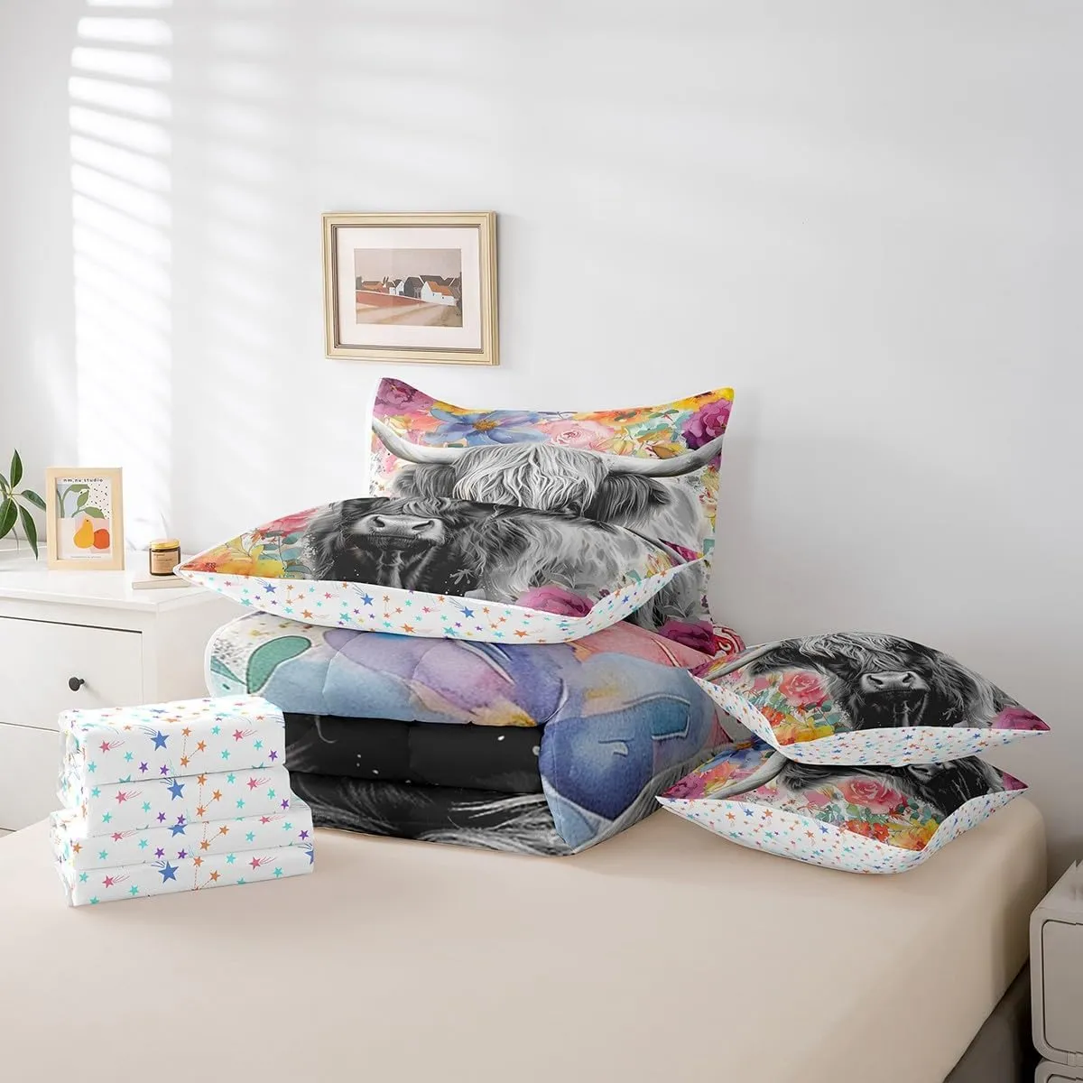 Feelyou Highland Cow Comforter Set with Sheets Queen Size 7 Piece Highland Cattle Floral Bedding Set Animal Flowers Bed in a Bag Western Decor Grey Bed Set