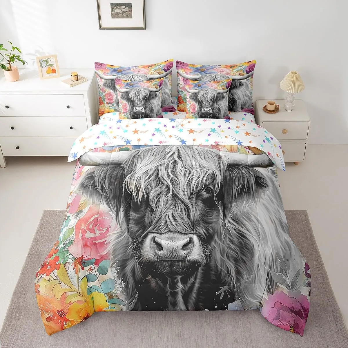 Feelyou Highland Cow Comforter Set with Sheets Queen Size 7 Piece Highland Cattle Floral Bedding Set Animal Flowers Bed in a Bag Western Decor Grey Bed Set