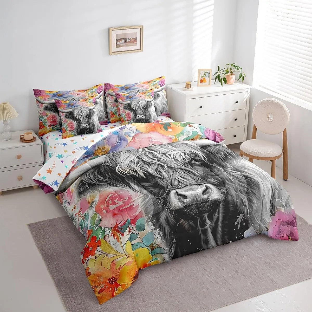 Feelyou Highland Cow Comforter Set with Sheets Queen Size 7 Piece Highland Cattle Floral Bedding Set Animal Flowers Bed in a Bag Western Decor Grey Bed Set