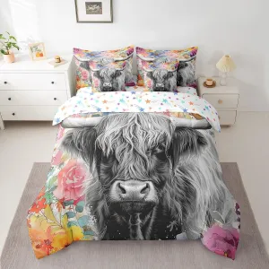 Feelyou Highland Cow Comforter Set with Sheets Queen Size 7 Piece Highland Cattle Floral Bedding Set Animal Flowers Bed in a Bag Western Decor Grey Bed Set