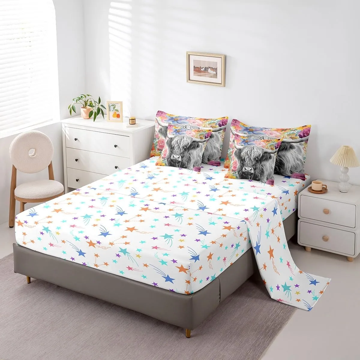 Feelyou Highland Cow Comforter Set with Sheets Queen Size 7 Piece Highland Cattle Floral Bedding Set Animal Flowers Bed in a Bag Western Decor Grey Bed Set