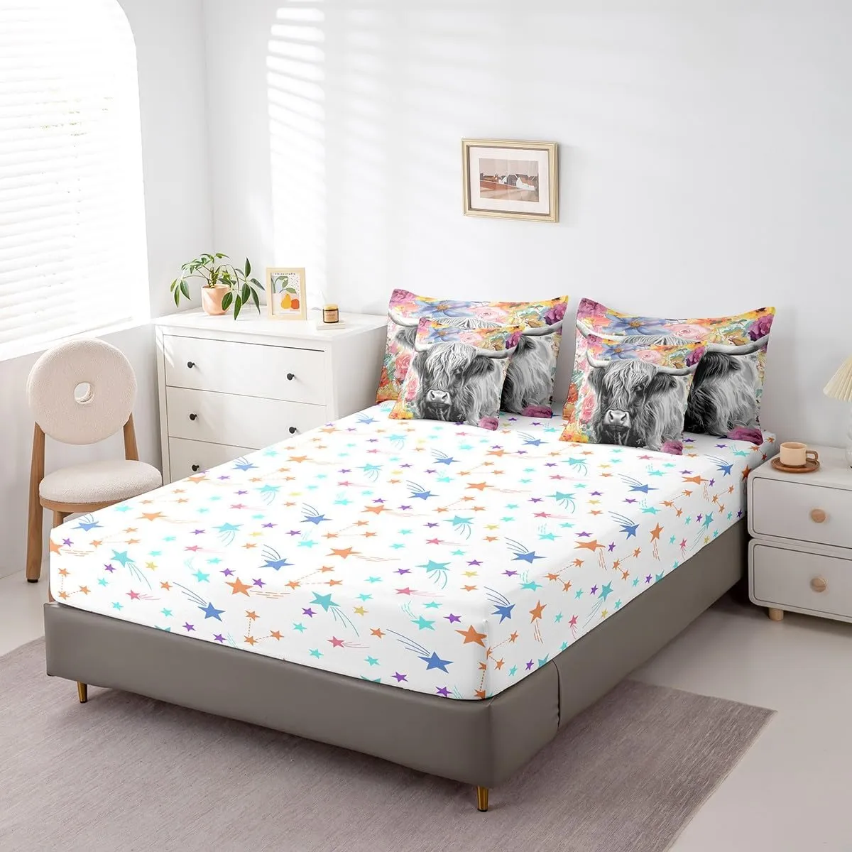 Feelyou Highland Cow Comforter Set with Sheets Queen Size 7 Piece Highland Cattle Floral Bedding Set Animal Flowers Bed in a Bag Western Decor Grey Bed Set