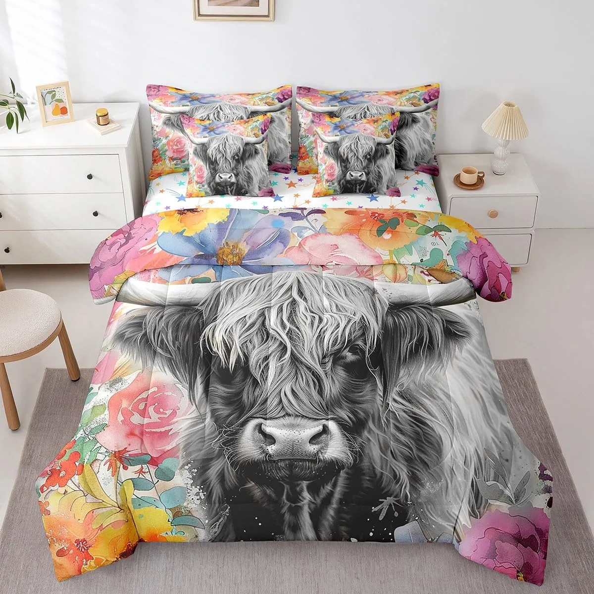 Feelyou Highland Cow Comforter Set with Sheets Queen Size 7 Piece Highland Cattle Floral Bedding Set Animal Flowers Bed in a Bag Western Decor Grey Bed Set