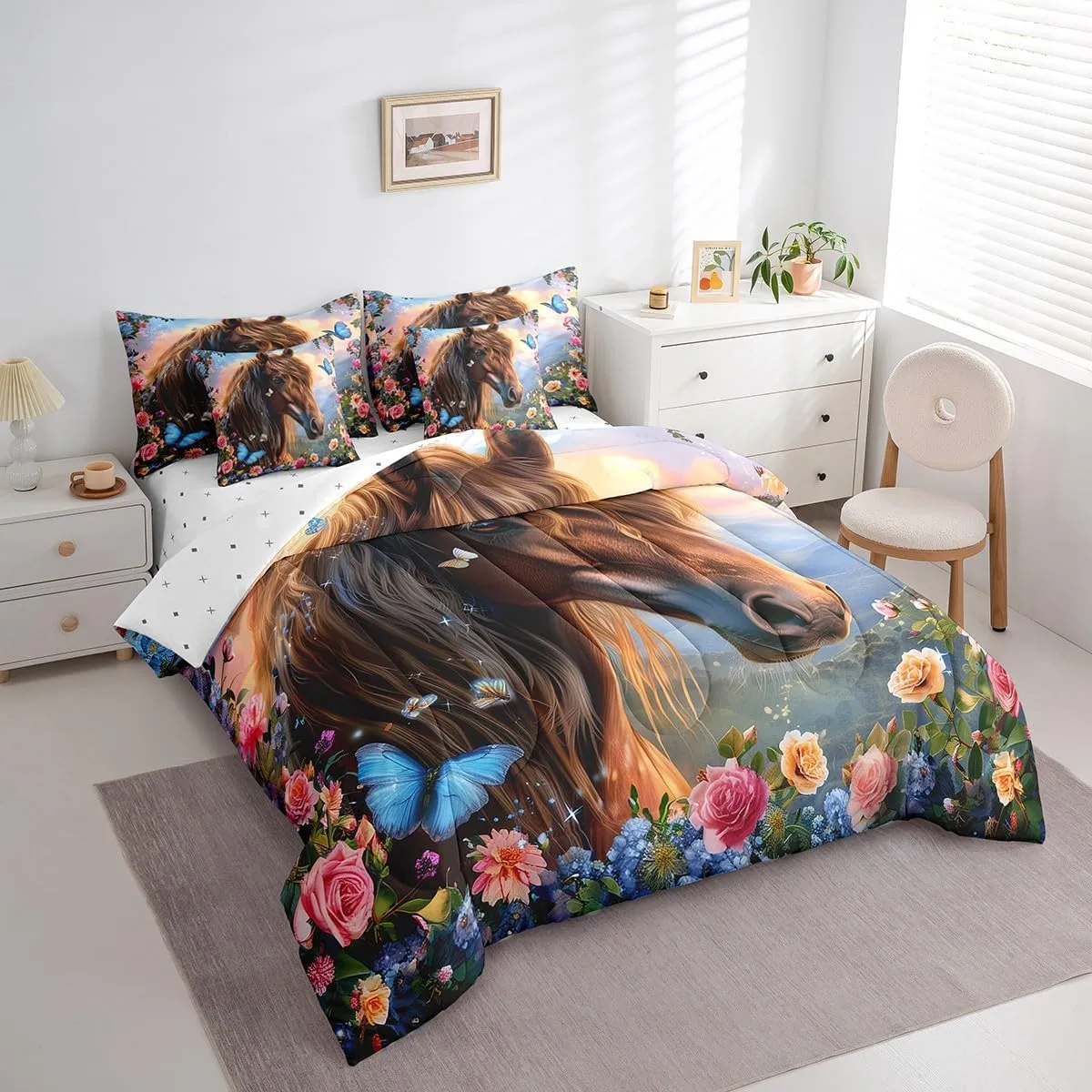 Feelyou Horse 7 Piece Bedding Set Queen Size 3D Print Horse Comforter Set with Sheets for Kids Adult Boys Girls Pretty Flower Bed in a Bag Butterfly Bed Set