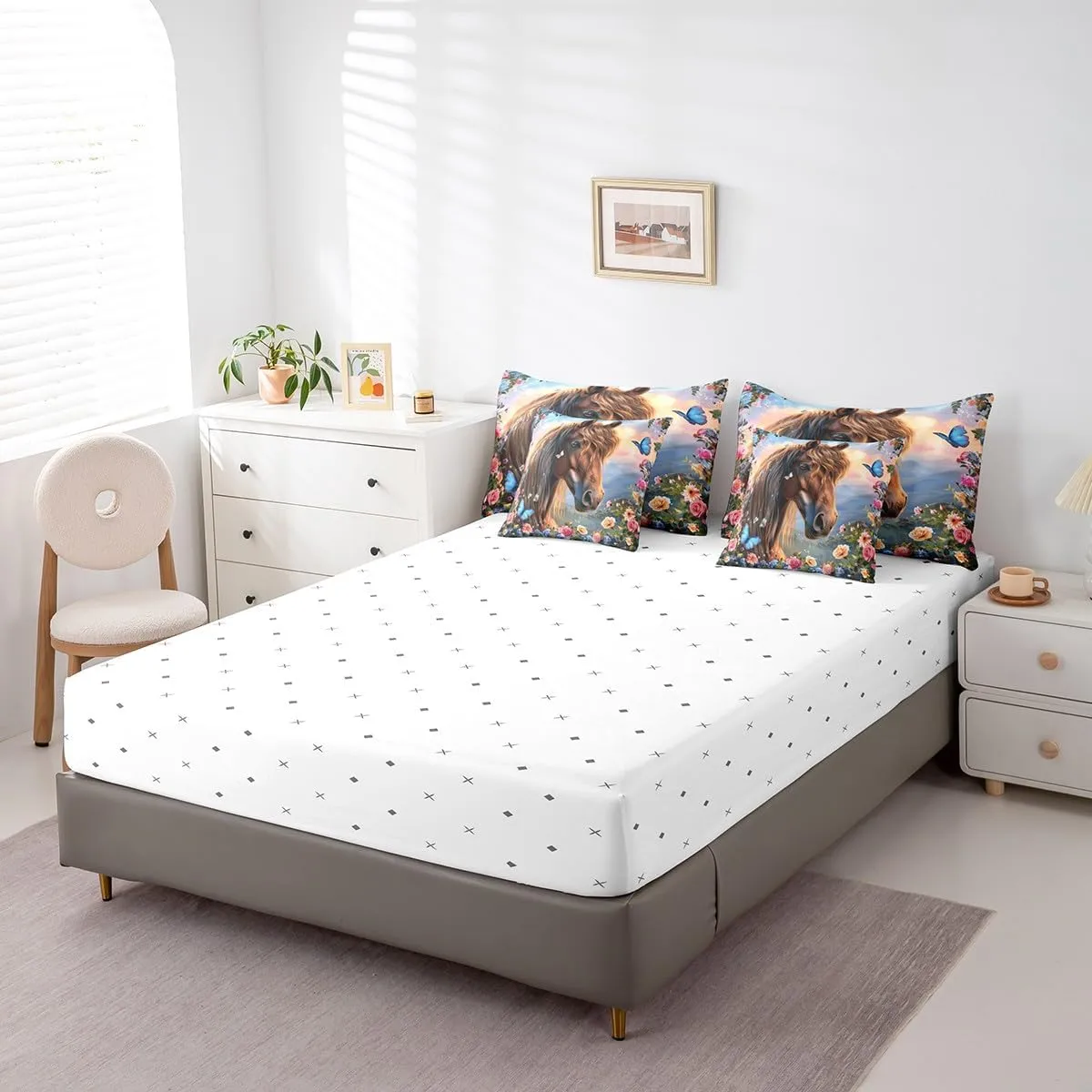 Feelyou Horse 7 Piece Bedding Set Queen Size 3D Print Horse Comforter Set with Sheets for Kids Adult Boys Girls Pretty Flower Bed in a Bag Butterfly Bed Set