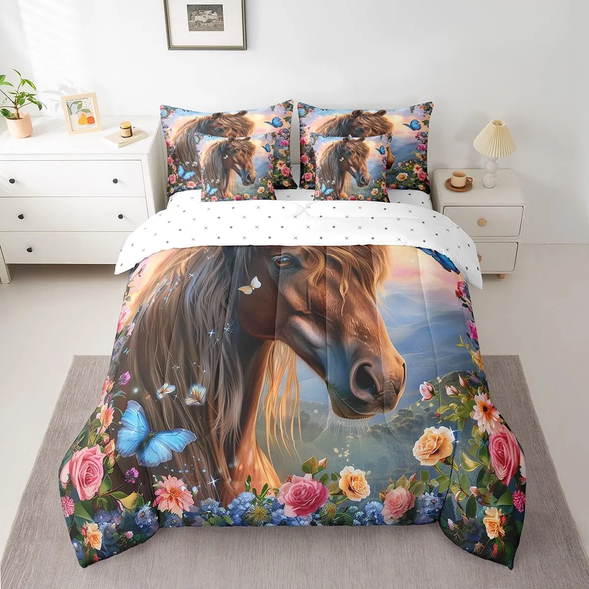 Feelyou Horse 7 Piece Bedding Set Queen Size 3D Print Horse Comforter Set with Sheets for Kids Adult Boys Girls Pretty Flower Bed in a Bag Butterfly Bed Set