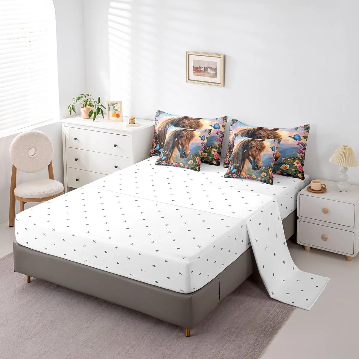 Feelyou Horse 7 Piece Bedding Set Queen Size 3D Print Horse Comforter Set with Sheets for Kids Adult Boys Girls Pretty Flower Bed in a Bag Butterfly Bed Set