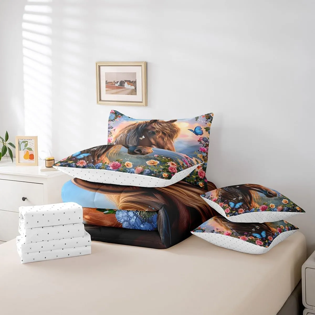 Feelyou Horse 7 Piece Bedding Set Queen Size 3D Print Horse Comforter Set with Sheets for Kids Adult Boys Girls Pretty Flower Bed in a Bag Butterfly Bed Set