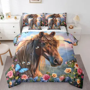 Feelyou Horse 7 Piece Bedding Set Queen Size 3D Print Horse Comforter Set with Sheets for Kids Adult Boys Girls Pretty Flower Bed in a Bag Butterfly Bed Set