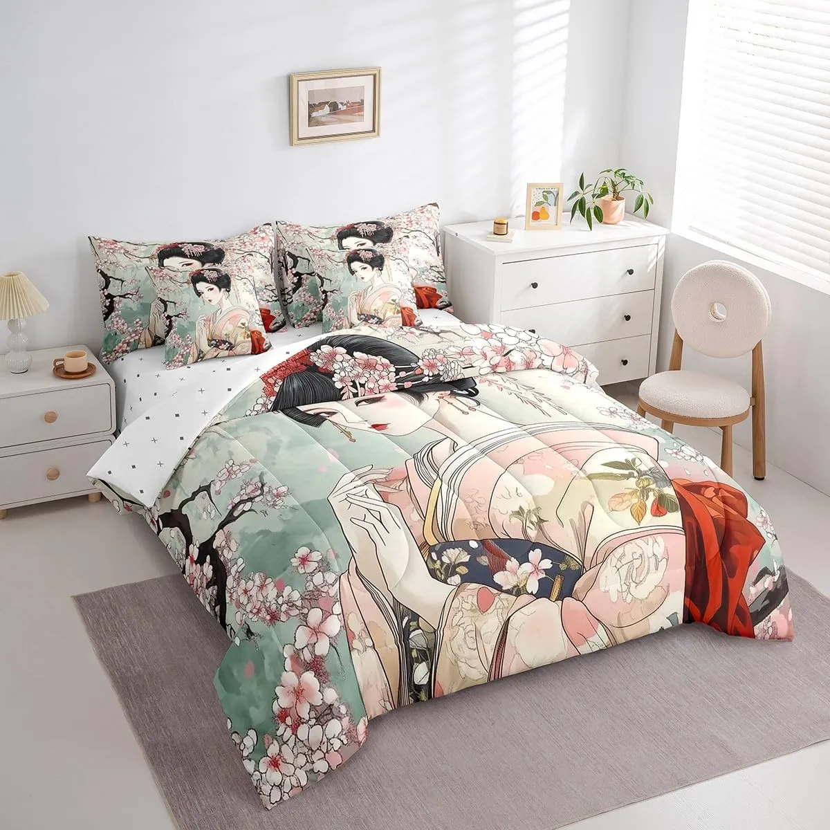 Feelyou Japanese Geisha Girl Comforter Set King Size 7 Pieces Cherry Blossoms Bedding Set Japanese Style Japanese Tradition Aesthetic Bed in a Bag with Comforter, Sheets, Pillowcases & Cushion Cover