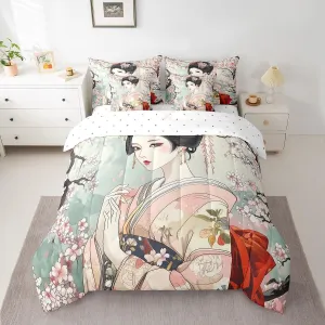 Feelyou Japanese Geisha Girl Comforter Set King Size 7 Pieces Cherry Blossoms Bedding Set Japanese Style Japanese Tradition Aesthetic Bed in a Bag with Comforter, Sheets, Pillowcases & Cushion Cover