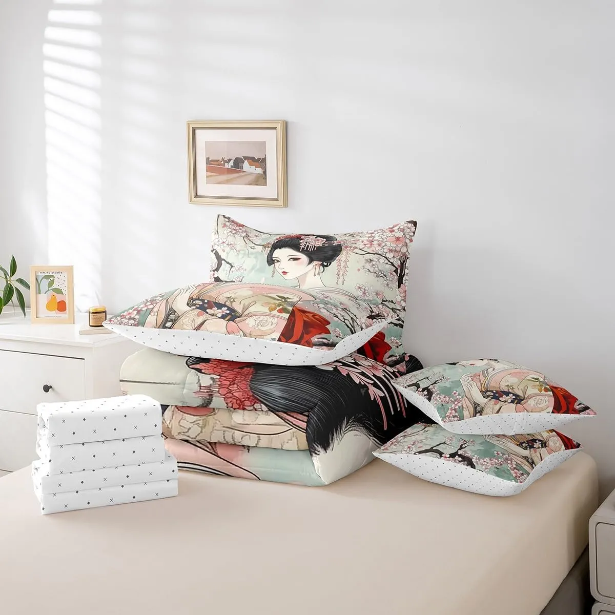 Feelyou Japanese Geisha Girl Comforter Set King Size 7 Pieces Cherry Blossoms Bedding Set Japanese Style Japanese Tradition Aesthetic Bed in a Bag with Comforter, Sheets, Pillowcases & Cushion Cover