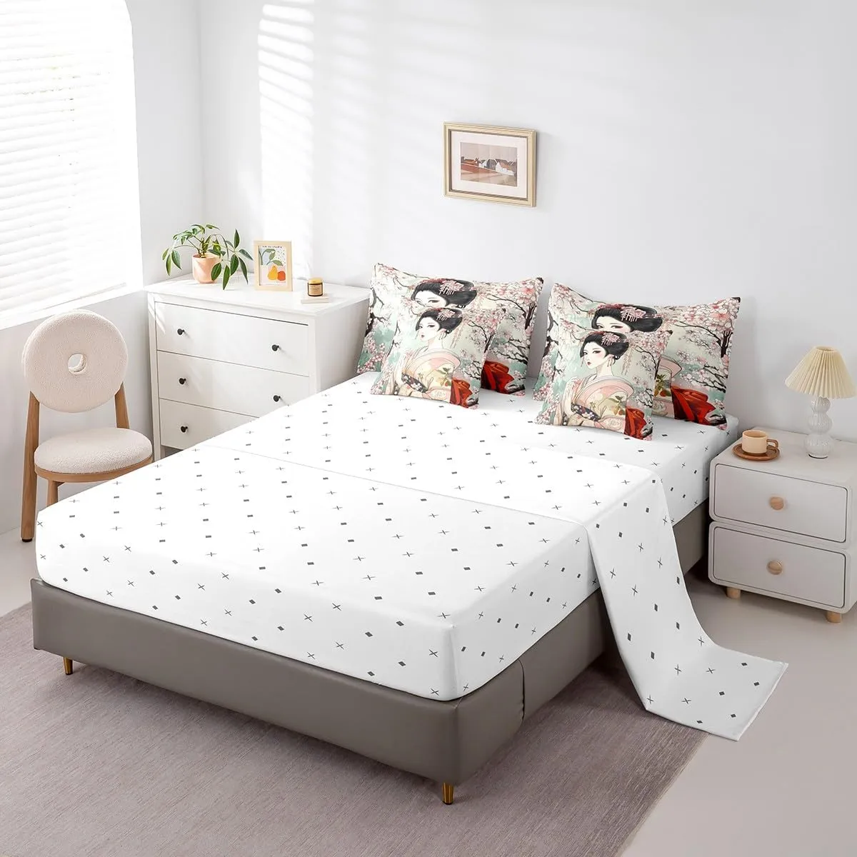 Feelyou Japanese Geisha Girl Comforter Set King Size 7 Pieces Cherry Blossoms Bedding Set Japanese Style Japanese Tradition Aesthetic Bed in a Bag with Comforter, Sheets, Pillowcases & Cushion Cover