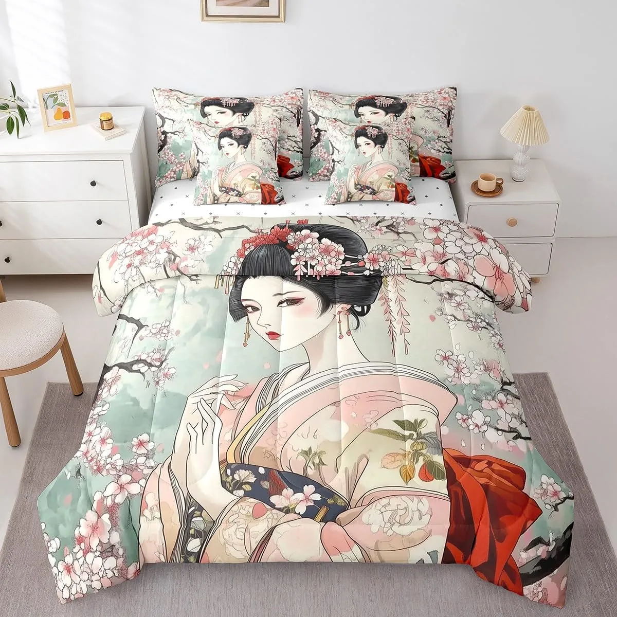 Feelyou Japanese Geisha Girl Comforter Set King Size 7 Pieces Cherry Blossoms Bedding Set Japanese Style Japanese Tradition Aesthetic Bed in a Bag with Comforter, Sheets, Pillowcases & Cushion Cover