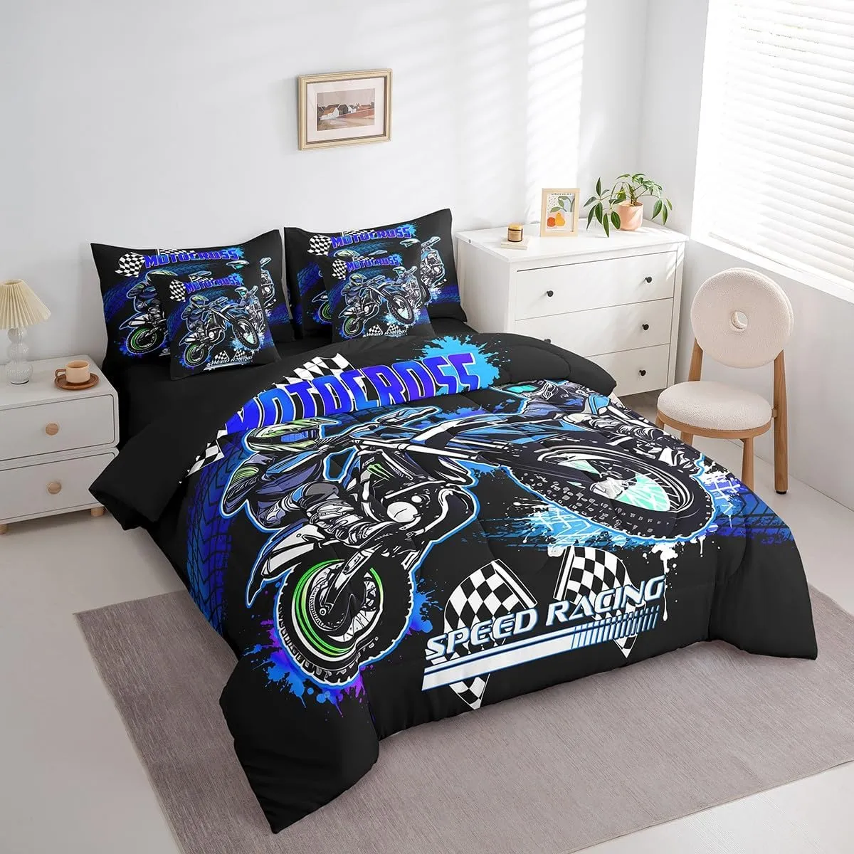 Feelyou Kids Blue Dirt Bike Bed in A Bag Full Size, Extreme Sports 7 Pieces Bedding Set Boys Girls Racing Motocross Comforter Set with Sheets Motorcycle Teens Bed Set Bedroom Decor 7Pcs