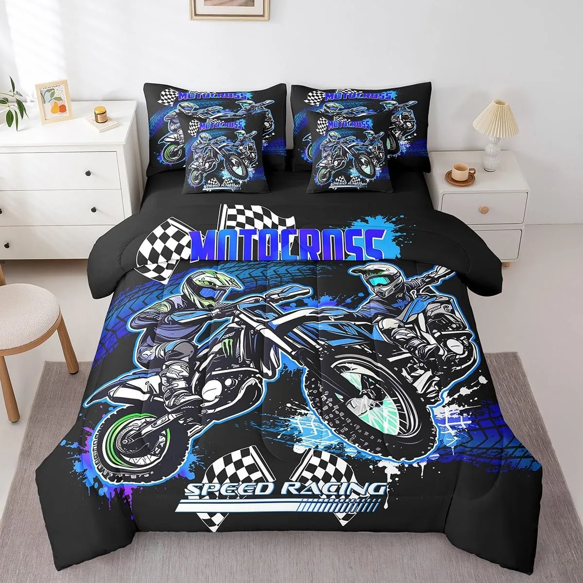 Feelyou Kids Blue Dirt Bike Bed in A Bag Full Size, Extreme Sports 7 Pieces Bedding Set Boys Girls Racing Motocross Comforter Set with Sheets Motorcycle Teens Bed Set Bedroom Decor 7Pcs