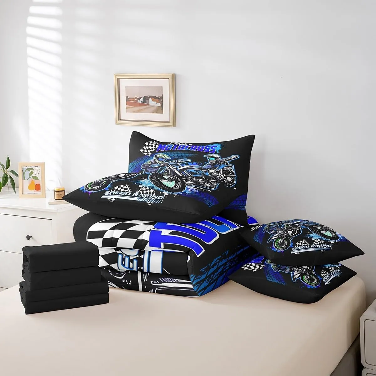 Feelyou Kids Blue Dirt Bike Bed in A Bag Full Size, Extreme Sports 7 Pieces Bedding Set Boys Girls Racing Motocross Comforter Set with Sheets Motorcycle Teens Bed Set Bedroom Decor 7Pcs