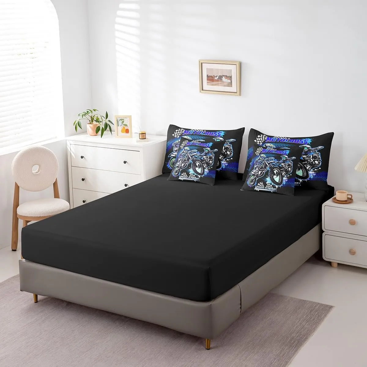 Feelyou Kids Blue Dirt Bike Bed in A Bag Full Size, Extreme Sports 7 Pieces Bedding Set Boys Girls Racing Motocross Comforter Set with Sheets Motorcycle Teens Bed Set Bedroom Decor 7Pcs