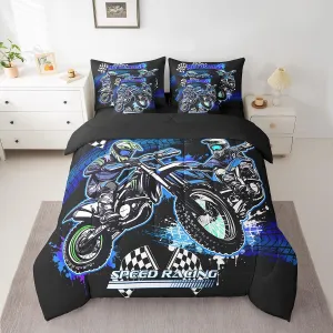 Feelyou Kids Blue Dirt Bike Bed in A Bag Full Size, Extreme Sports 7 Pieces Bedding Set Boys Girls Racing Motocross Comforter Set with Sheets Motorcycle Teens Bed Set Bedroom Decor 7Pcs