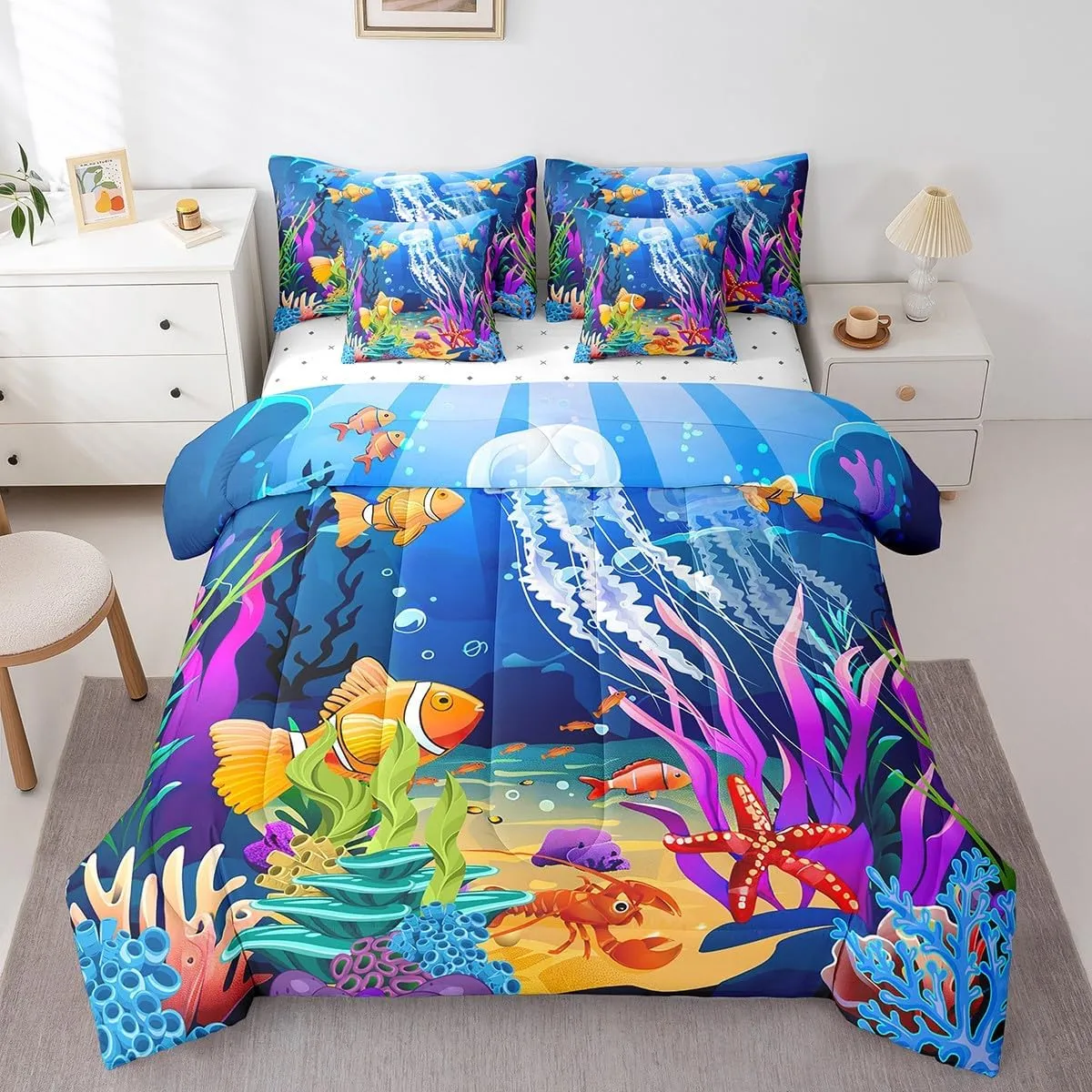 Feelyou Kids Cartoon Jellyfish Bedding Set Cute Ocean Creature Bed in a Bag Sea Comforter Set Twin Size 7 Pieces for Child Marine Sealife Bed Set with Comforter, Sheet Set, Pillowcases, Pillow Covers