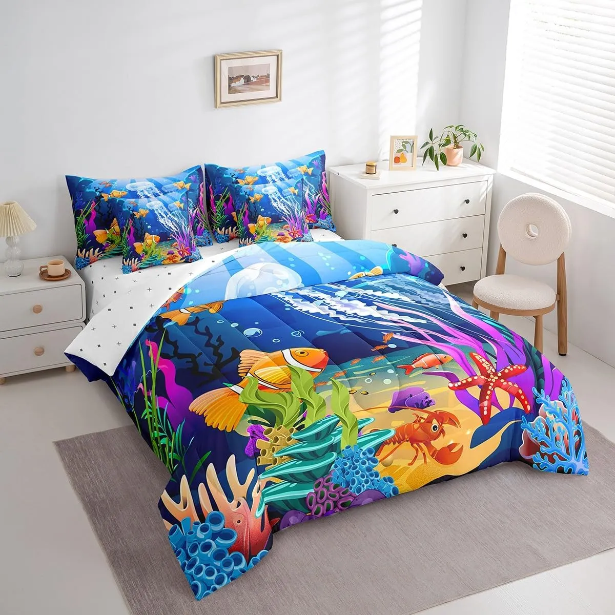 Feelyou Kids Cartoon Jellyfish Bedding Set Cute Ocean Creature Bed in a Bag Sea Comforter Set Twin Size 7 Pieces for Child Marine Sealife Bed Set with Comforter, Sheet Set, Pillowcases, Pillow Covers