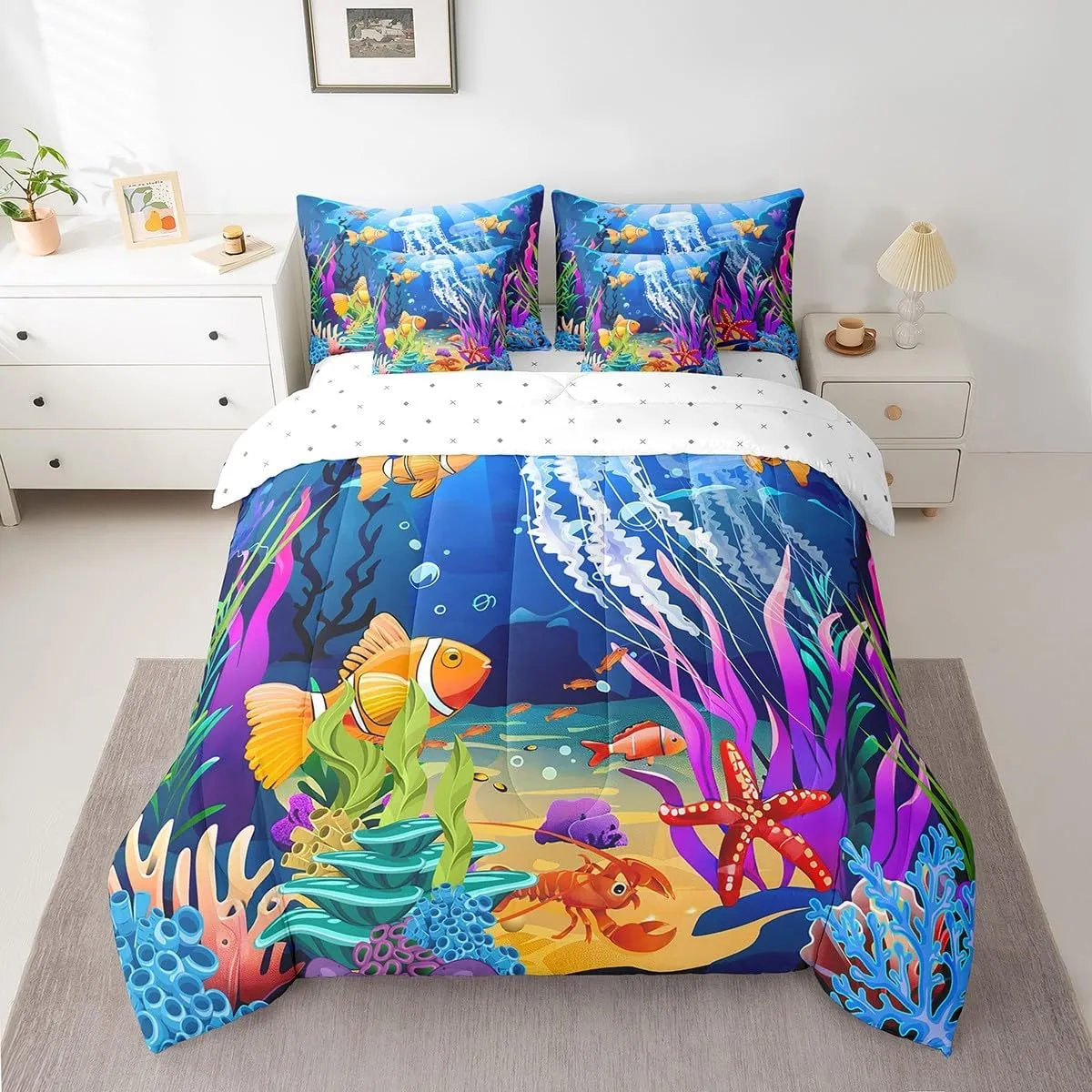 Feelyou Kids Cartoon Jellyfish Bedding Set Cute Ocean Creature Bed in a Bag Sea Comforter Set Twin Size 7 Pieces for Child Marine Sealife Bed Set with Comforter, Sheet Set, Pillowcases, Pillow Covers