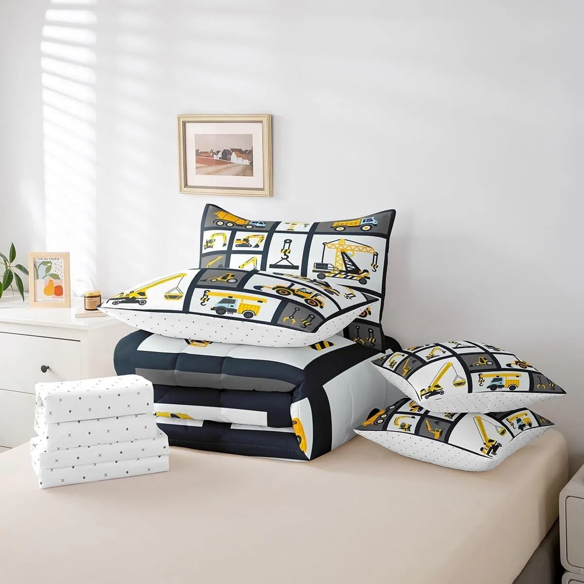 Feelyou Kids Construction Comforter Set Full Size 7 Pcs Boys Construction Site Cars Comforter Bed in a Bag Trucks Excavators Bedding Set Child Tractors Bed Set with Sheets, Pillowcases, Pillow Covers