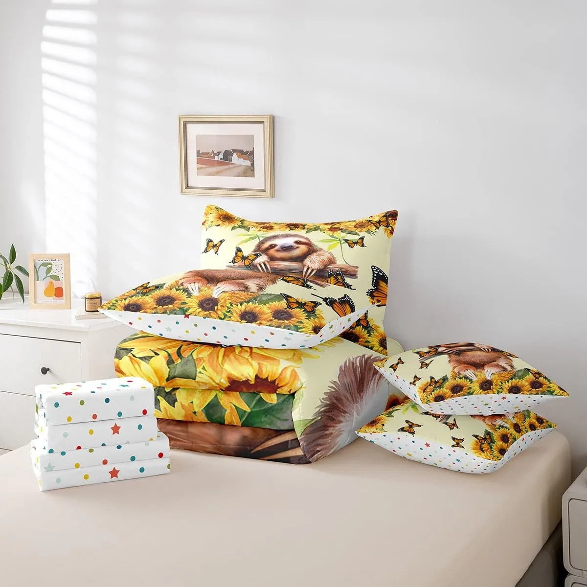 Feelyou Kids Cute Sloth Twin Bed in a Bag 7 Pieces Boys Girls Sloth Comforter Set with Sunflower Bedding Sets, Comforter, Pillowcases, Flat Sheet, Fitted Sheet and Cushion Cover