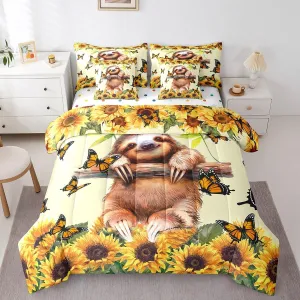 Feelyou Kids Cute Sloth Twin Bed in a Bag 7 Pieces Boys Girls Sloth Comforter Set with Sunflower Bedding Sets, Comforter, Pillowcases, Flat Sheet, Fitted Sheet and Cushion Cover