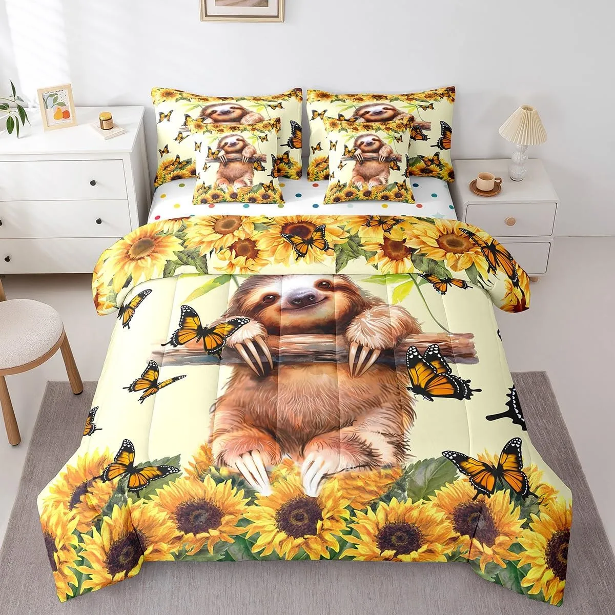 Feelyou Kids Cute Sloth Twin Bed in a Bag 7 Pieces Boys Girls Sloth Comforter Set with Sunflower Bedding Sets, Comforter, Pillowcases, Flat Sheet, Fitted Sheet and Cushion Cover