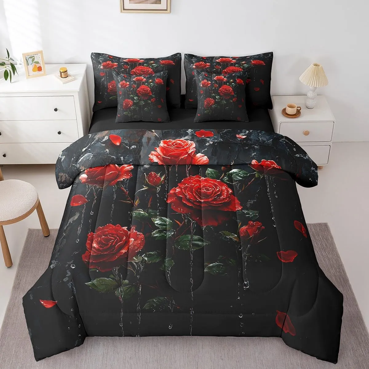 Feelyou Kids Red Rose 7 Pieces Bedding Set King Size, Rose Floral Flower Bed in A Bag Boys Girls Garden Flower Comforter Set with Sheets Romantic Teens Bed Set Bedroom Decor 7Pcs