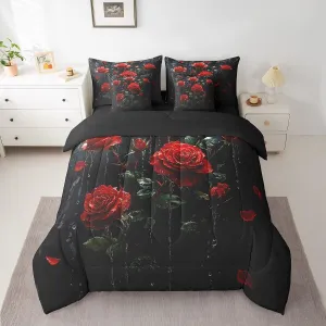 Feelyou Kids Red Rose 7 Pieces Bedding Set King Size, Rose Floral Flower Bed in A Bag Boys Girls Garden Flower Comforter Set with Sheets Romantic Teens Bed Set Bedroom Decor 7Pcs