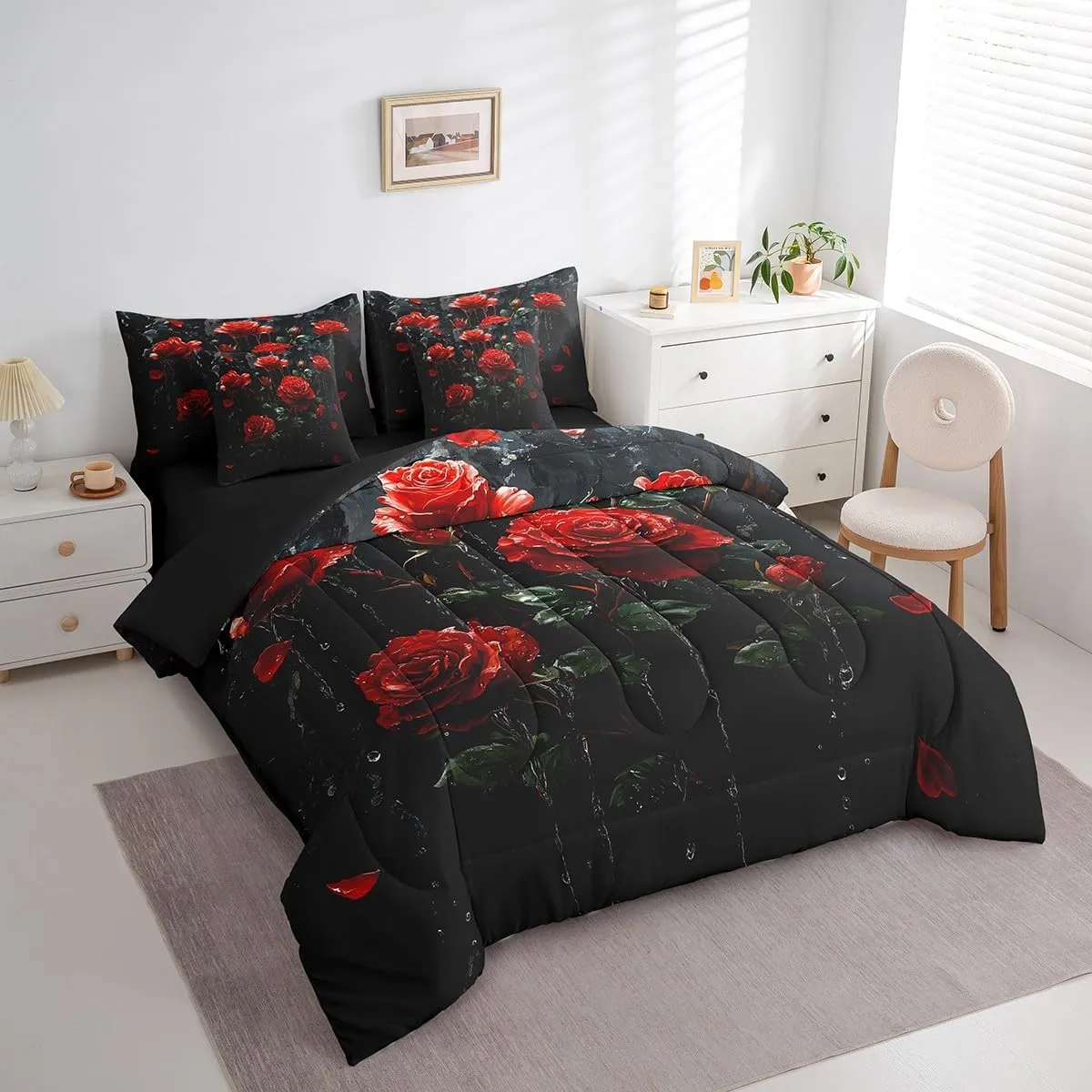Feelyou Kids Red Rose 7 Pieces Bedding Set King Size, Rose Floral Flower Bed in A Bag Boys Girls Garden Flower Comforter Set with Sheets Romantic Teens Bed Set Bedroom Decor 7Pcs