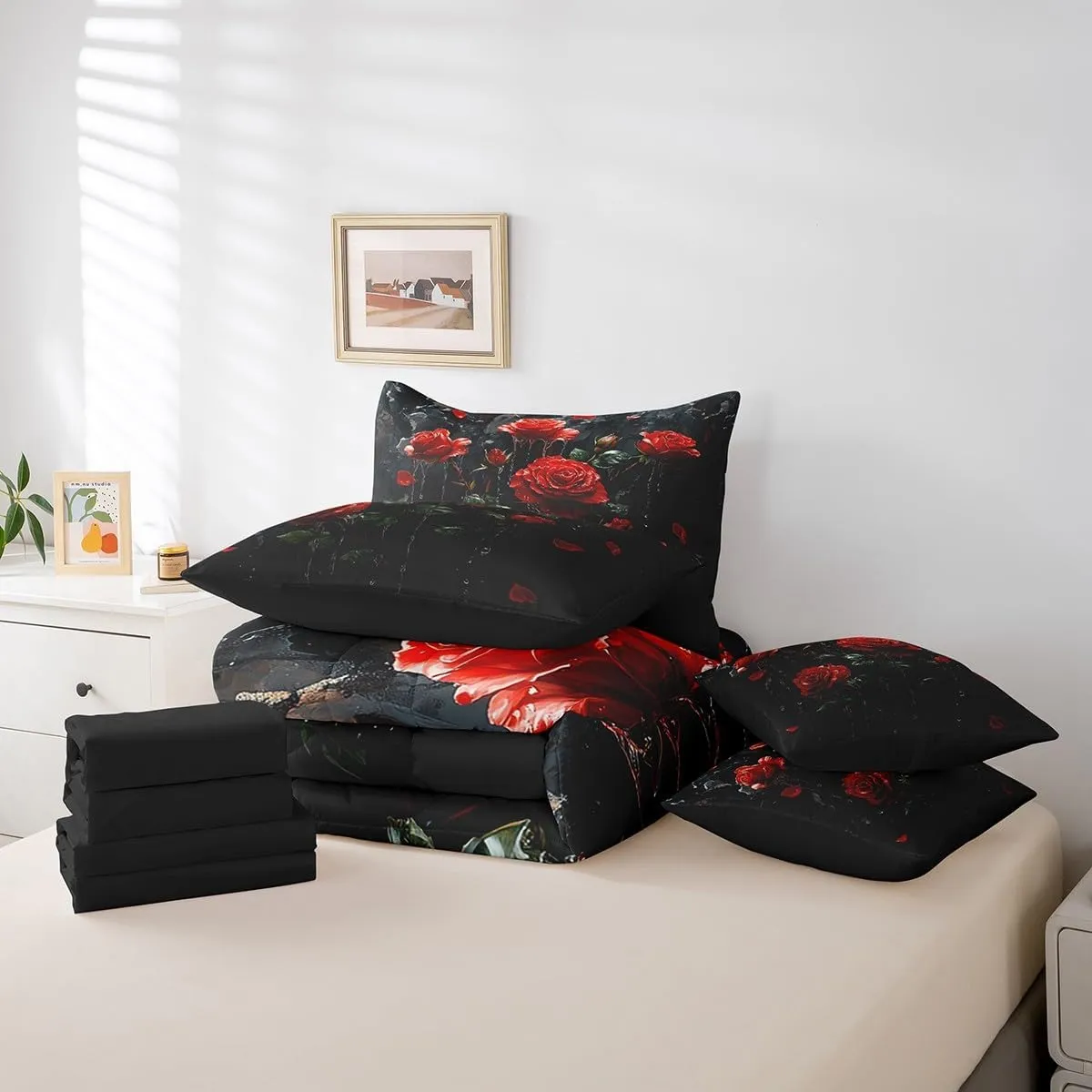 Feelyou Kids Red Rose 7 Pieces Bedding Set King Size, Rose Floral Flower Bed in A Bag Boys Girls Garden Flower Comforter Set with Sheets Romantic Teens Bed Set Bedroom Decor 7Pcs