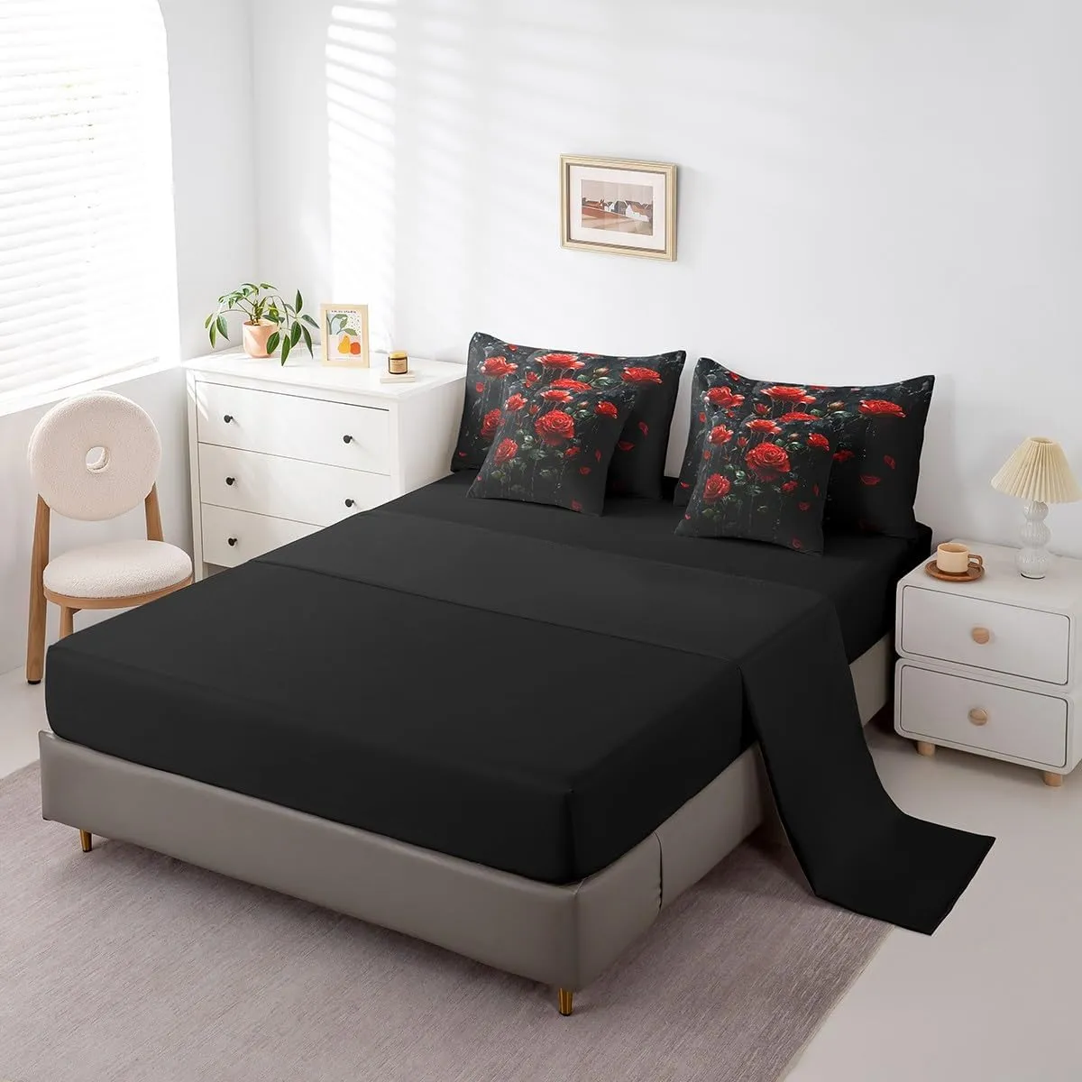 Feelyou Kids Red Rose 7 Pieces Bedding Set King Size, Rose Floral Flower Bed in A Bag Boys Girls Garden Flower Comforter Set with Sheets Romantic Teens Bed Set Bedroom Decor 7Pcs