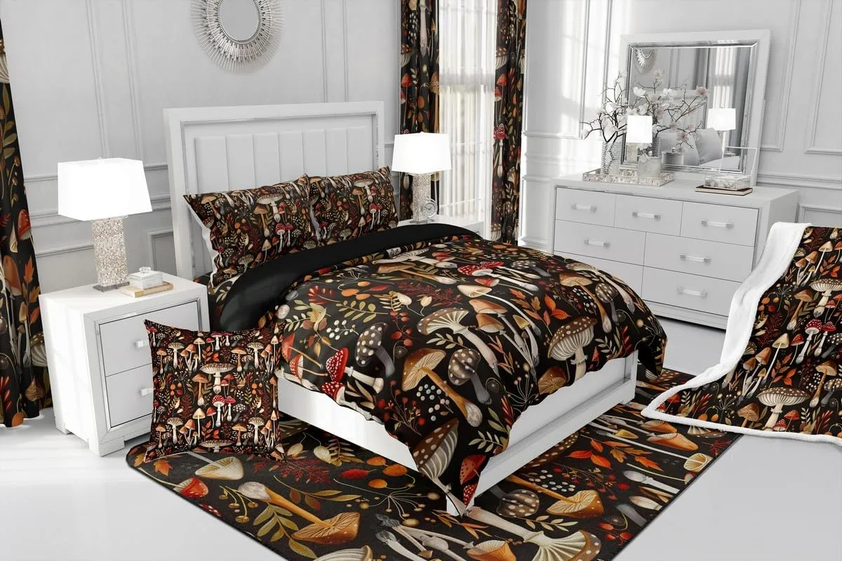 Feelyou Mushroom Decor Comforter Set with Sheets 7 Piece for Girls Boys Kids Full Kawaii Fungus Bed in a Bag Room Decorative Botanical Leaf Print Bedding Set Wild Mushroom Stuff Bed Set,No Conforter