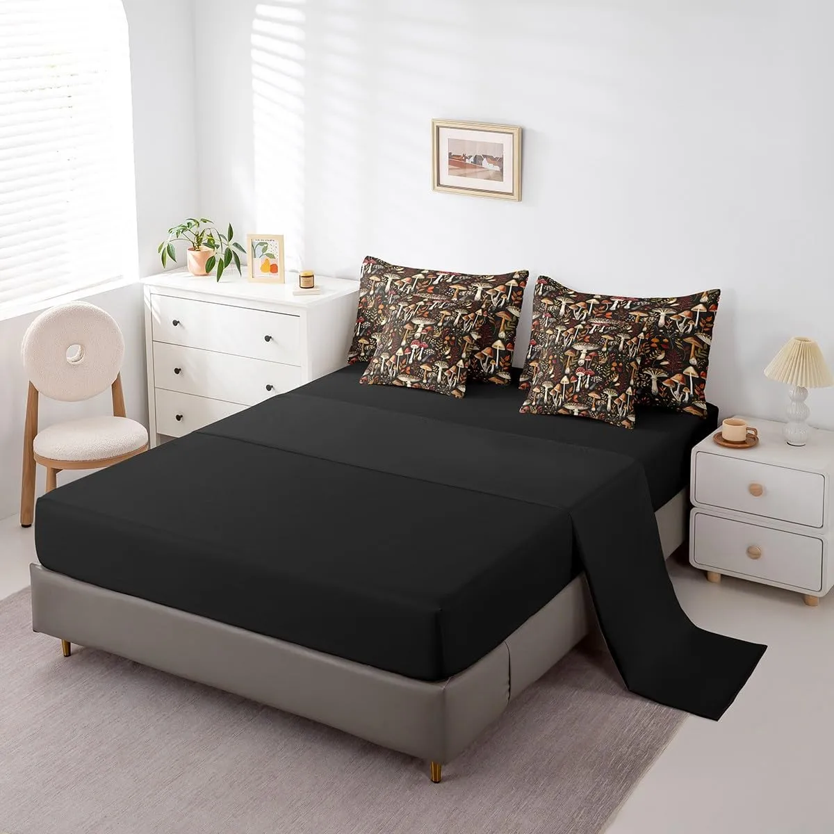 Feelyou Mushroom Decor Comforter Set with Sheets 7 Piece for Girls Boys Kids Full Kawaii Fungus Bed in a Bag Room Decorative Botanical Leaf Print Bedding Set Wild Mushroom Stuff Bed Set,No Conforter