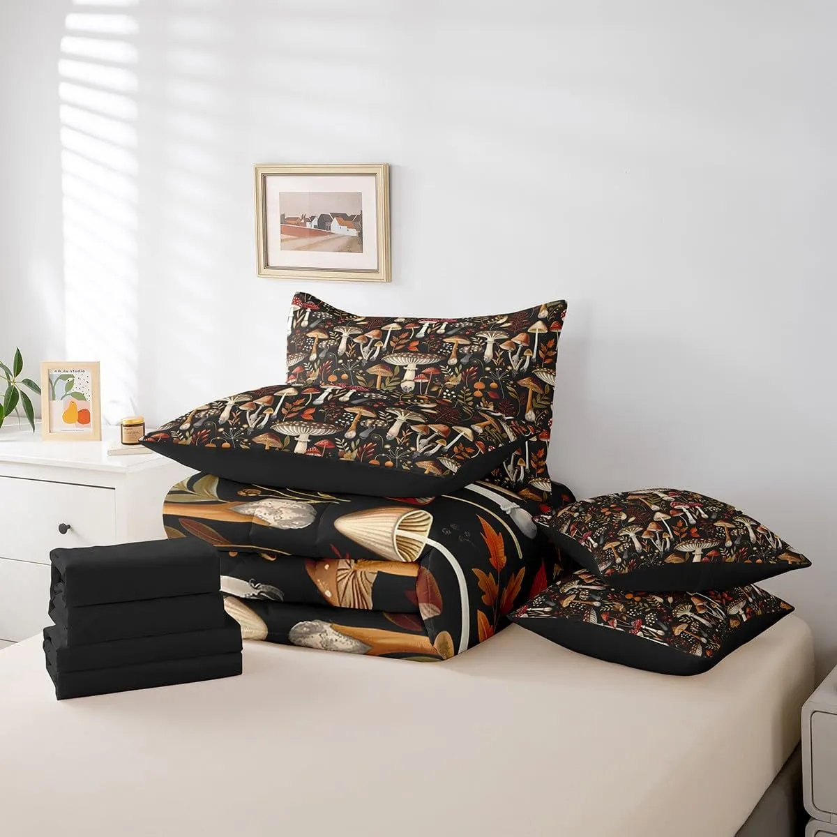 Feelyou Mushroom Decor Comforter Set with Sheets 7 Piece for Girls Boys Kids Full Kawaii Fungus Bed in a Bag Room Decorative Botanical Leaf Print Bedding Set Wild Mushroom Stuff Bed Set,No Conforter