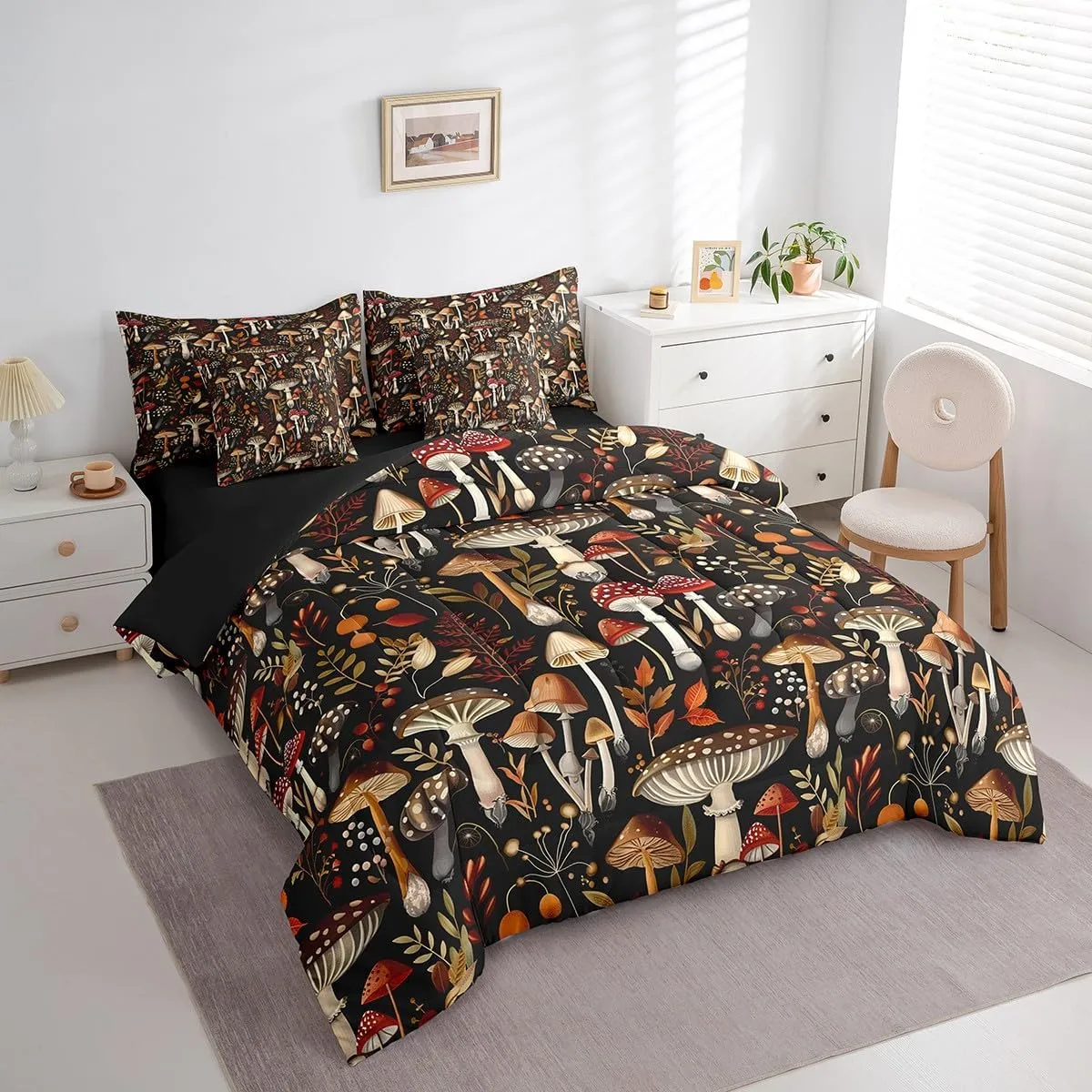 Feelyou Mushroom Decor Comforter Set with Sheets 7 Piece for Girls Boys Kids Full Kawaii Fungus Bed in a Bag Room Decorative Botanical Leaf Print Bedding Set Wild Mushroom Stuff Bed Set,No Conforter