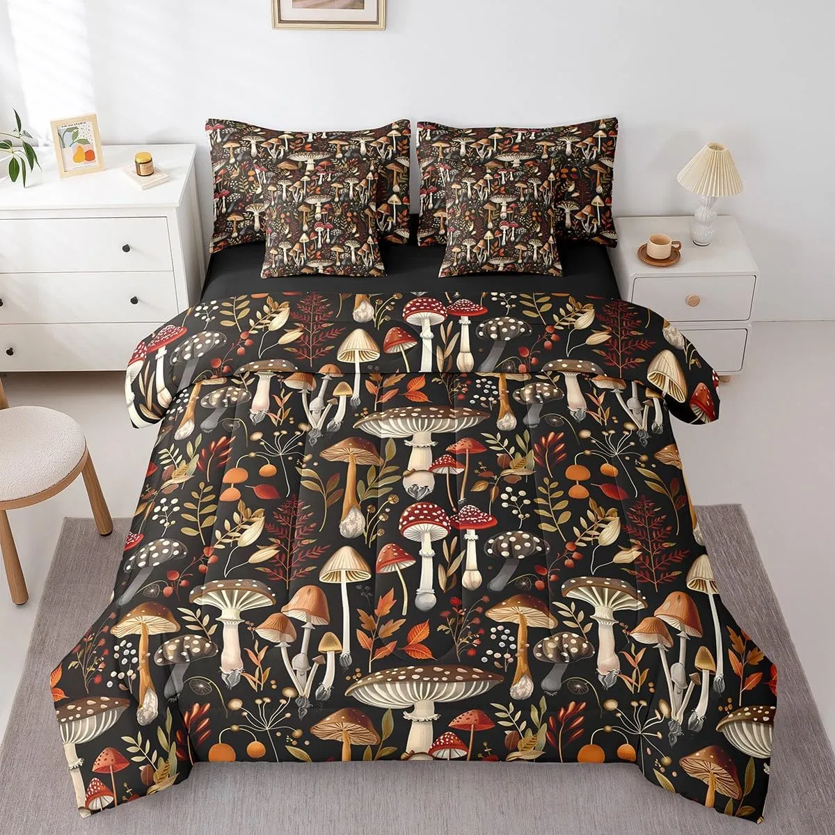 Feelyou Mushroom Decor Comforter Set with Sheets 7 Piece for Girls Boys Kids Full Kawaii Fungus Bed in a Bag Room Decorative Botanical Leaf Print Bedding Set Wild Mushroom Stuff Bed Set,No Conforter