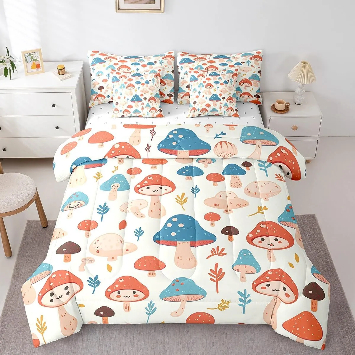 Feelyou Mushrooms Comforter Set Twin Size 7 Pieces Botanical Plants Print Bedding Set for All Season Kawaii Fungus Nature Theme Bed in a Bag with Comforter, Sheets, Pillowcases & Cushion Cover